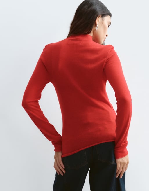 ARRANGE top froncé à col montant en mélange de laine rouge rubis, 4 de 4