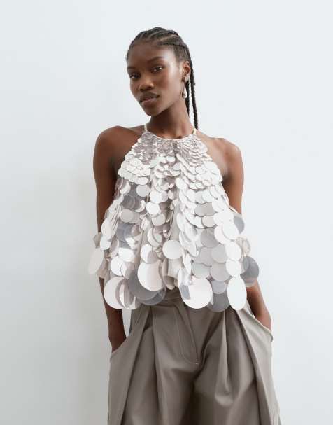ARRANGE top halter evasé con lentejuelas de discos espejados en plata - view 1
