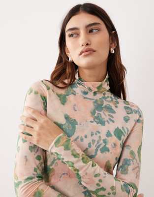 Top manches longues en tulle de qualité supérieure avec col montant et imprimé fleuri abstrait - Rose-Multicolore 42