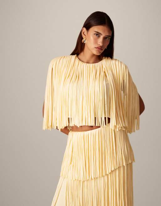 ARRANGE - Top met franje, stroken en schoudervullingen in lichtgeel, deel van co-ord set, 3 van 4