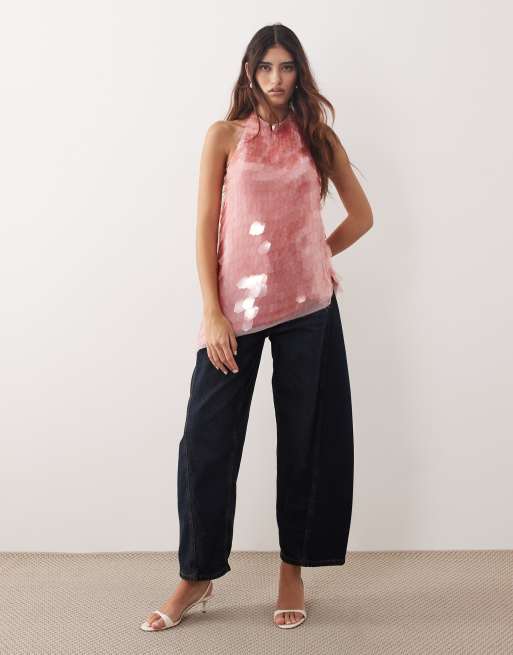 ARRANGE - Top met halternek, oversized lovertjes en lange pasvorm in roze, deel van co-ord set, 2 van 4