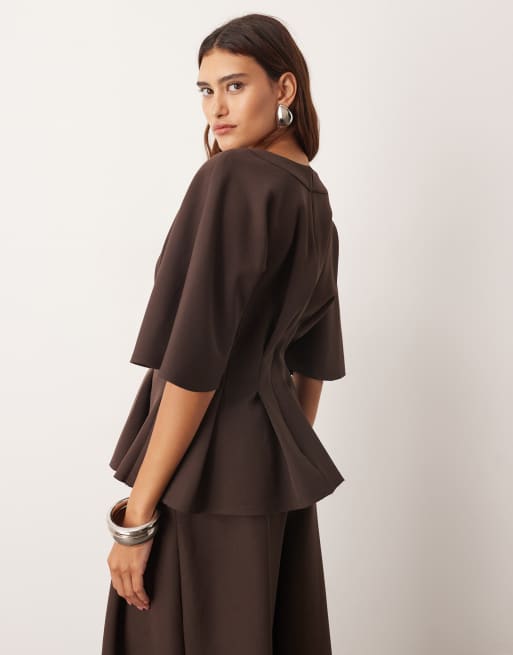 ARRANGE - Top met korte mouwen en geplooide taille in diep chocoladebruin, deel van co-ord set, 4 van 4