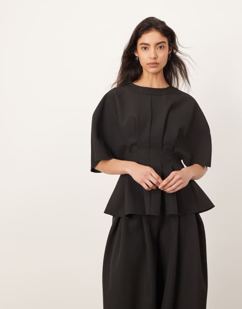 ARRANGE - Top met korte mouwen en geplooide taille in zwart, deel van co-ord set - view 1