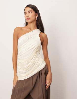 ARRANGE - Top monospalla drappeggiato con frange bianco inverno