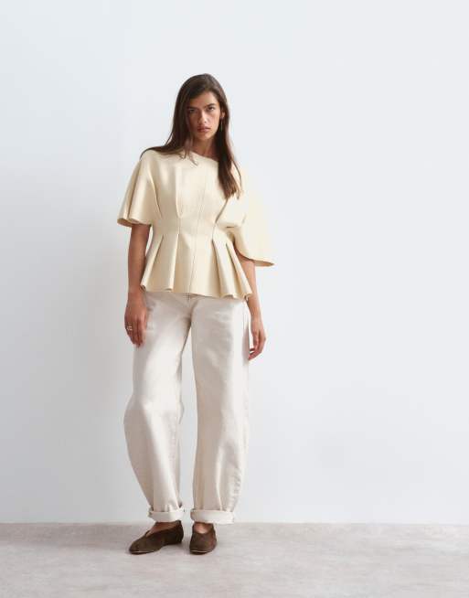 ARRANGE - Top plissé cintré en maille à manches courtes - Babeurre, 3 de 4