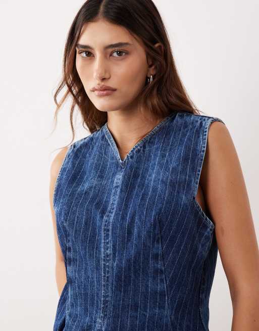 ARRANGE - Top plissé d'ensemble en jean à rayures avec col V et coutures apparentes - Bleu délavé, 2 de 4
