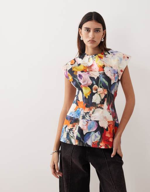 ARRANGE - Top premium senza maniche taglio lungo con stampa floreale sfocata