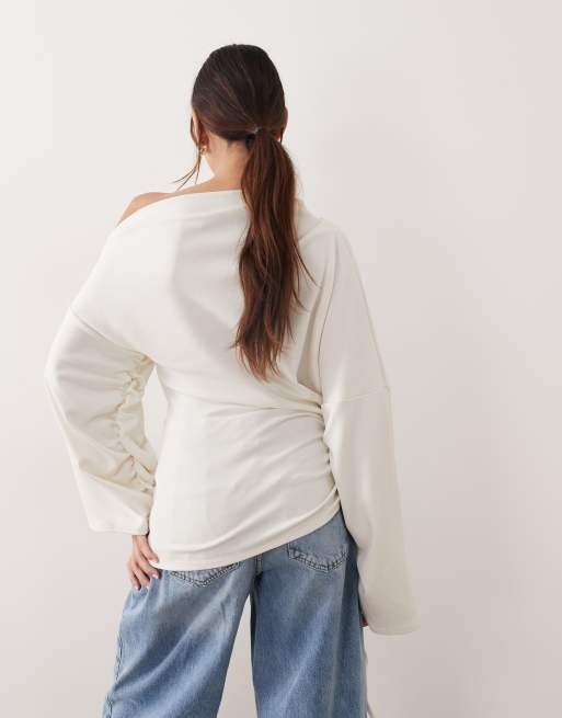 ARRANGE - Top van jersey met blote schouders, wijde mouwen en gerimpelde zoom in wit, 4 van 4