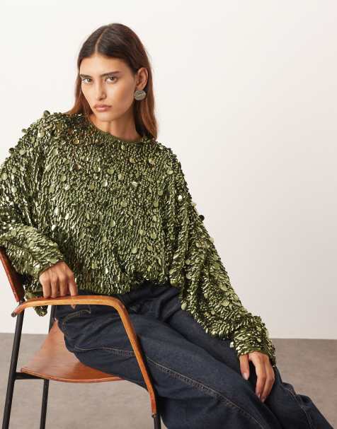 ARRANGE long sleeve square cut top in molten khaki sequin