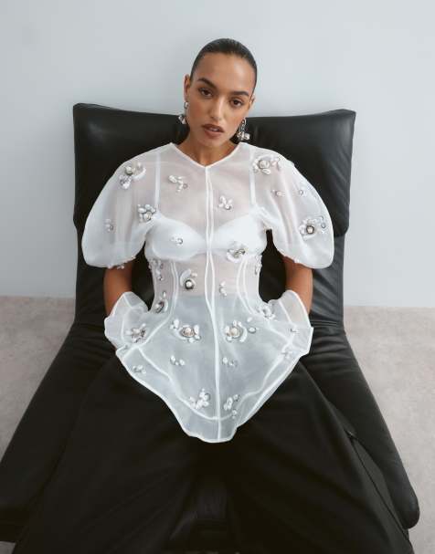 ARRANGE topp i organza med pärlutsmyckning, voluminösa ärmar, vit - view 1