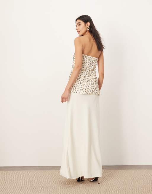 ARRANGE – Trägerloses Hybrid-Maxikleid in Elfenbein mit goldfarbenem geometrischem Muster, 4 von 4