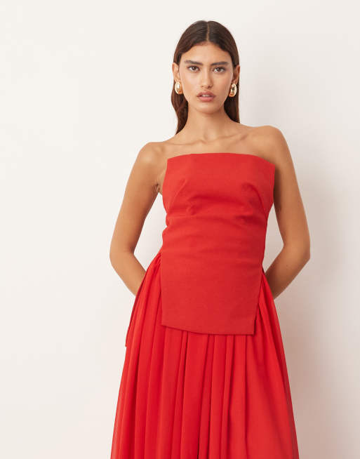 ARRANGE – Trägerloses, strukturiertes Maxikleid in Rot mit voluminösem Rock, 3 von 4