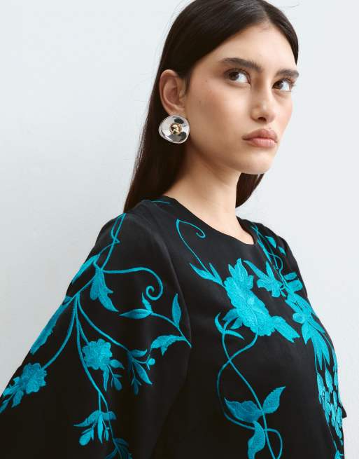 ARRANGE trailing wisteria embroidered satin t-shirt maxi dress in black, 2 of 5