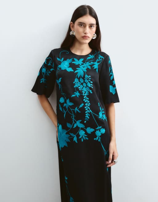 ARRANGE trailing wisteria embroidered satin t-shirt maxi dress in black, 5 of 5