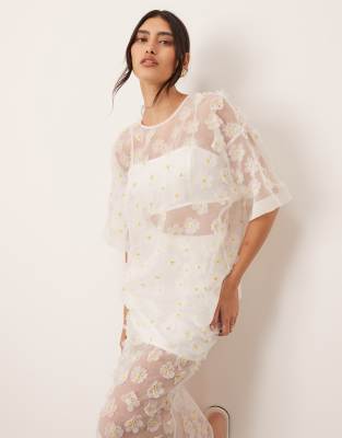 ARRANGE - Transparentes Oversize-T-Shirt mit 3D-Gänseblümchen, Kombiteil-Weiß