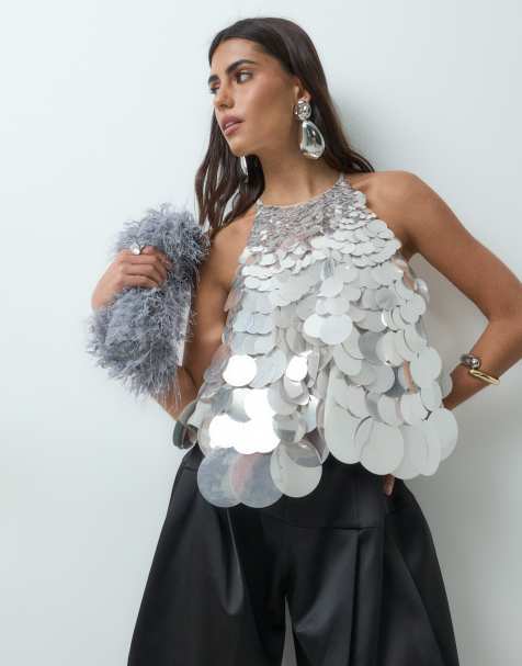 ARRANGE Trapez-Neckholder-Top mit Spiegelscheiben-Pailletten in Silber - view 1