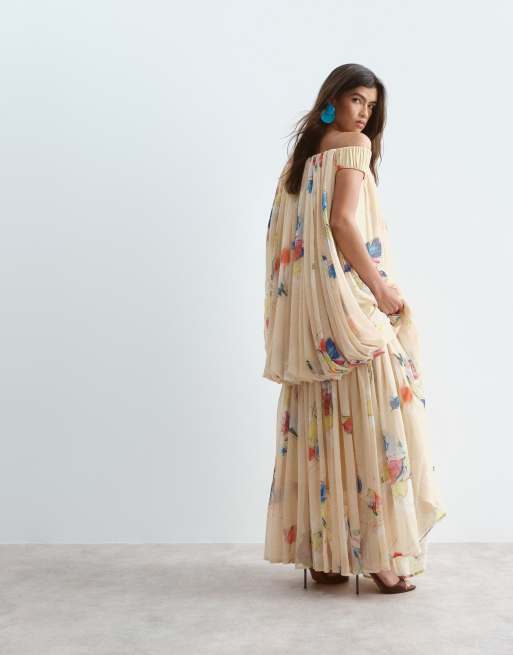 ARRANGE trapeze bardot maxi dress with cape back in yellow floral print, 3 of 4