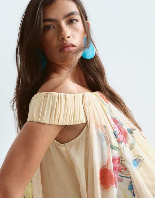 ARRANGE trapeze bardot maxi dress with cape back in yellow floral print, 4 of 4