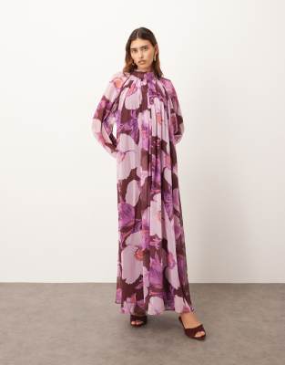 ARRANGE - Trapezförmiges Maxikleid aus Chiffon in Burgunderrot mit Blumenmuster und Ballonärmeln-Bunt