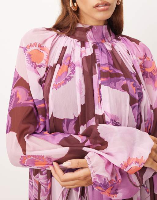 ARRANGE – Trapezförmiges Maxikleid aus Chiffon in Burgunderrot mit Blumenmuster und Ballonärmeln, 3 von 4