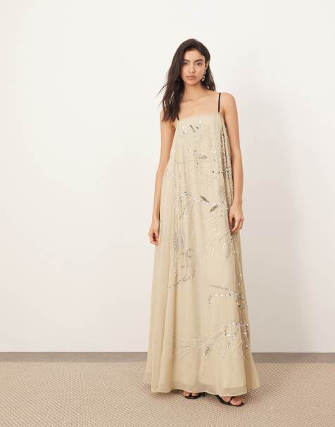 ARRANGE scatter embellished trapeze maxi dress with cami straps in washed green