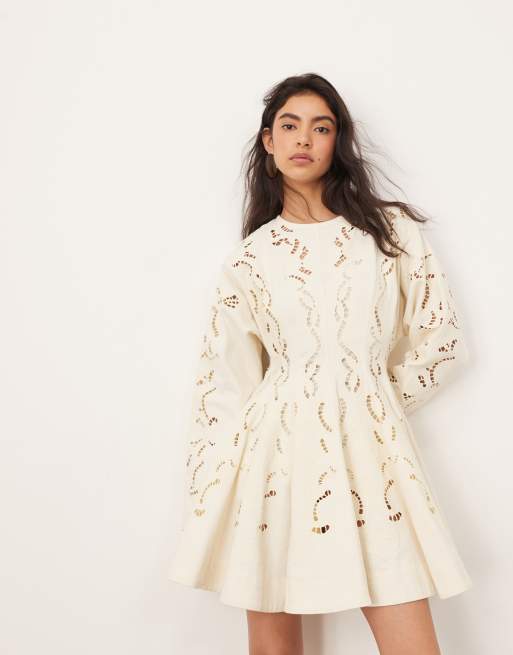 ARRANGE twill embroidered cutwork mini skater dress in ecru