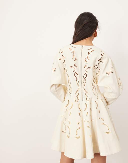 ARRANGE twill embroidered cutwork mini skater dress in ecru