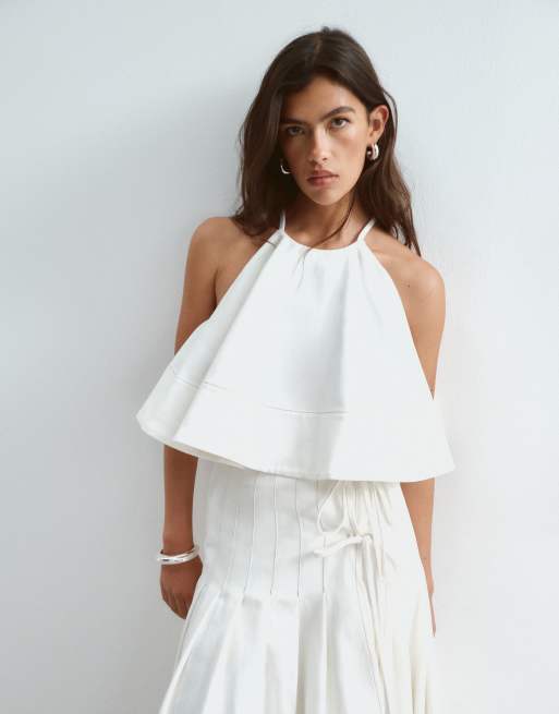 ARRANGE twill halter top and midi skirt co-ord in white with tobacco stitching, 2 of 3