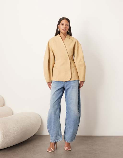 ARRANGE twill jacket with ovoid sleeve and cinched waist in camel