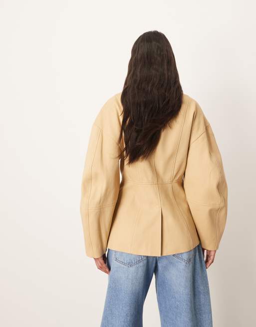 ARRANGE twill jacket with ovoid sleeve and cinched waist in camel
