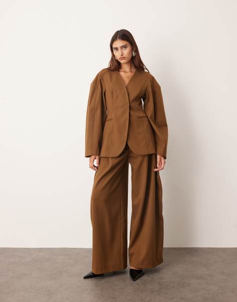 ARRANGE twill sculpted blazer and wide leg trouser in brown - view 1