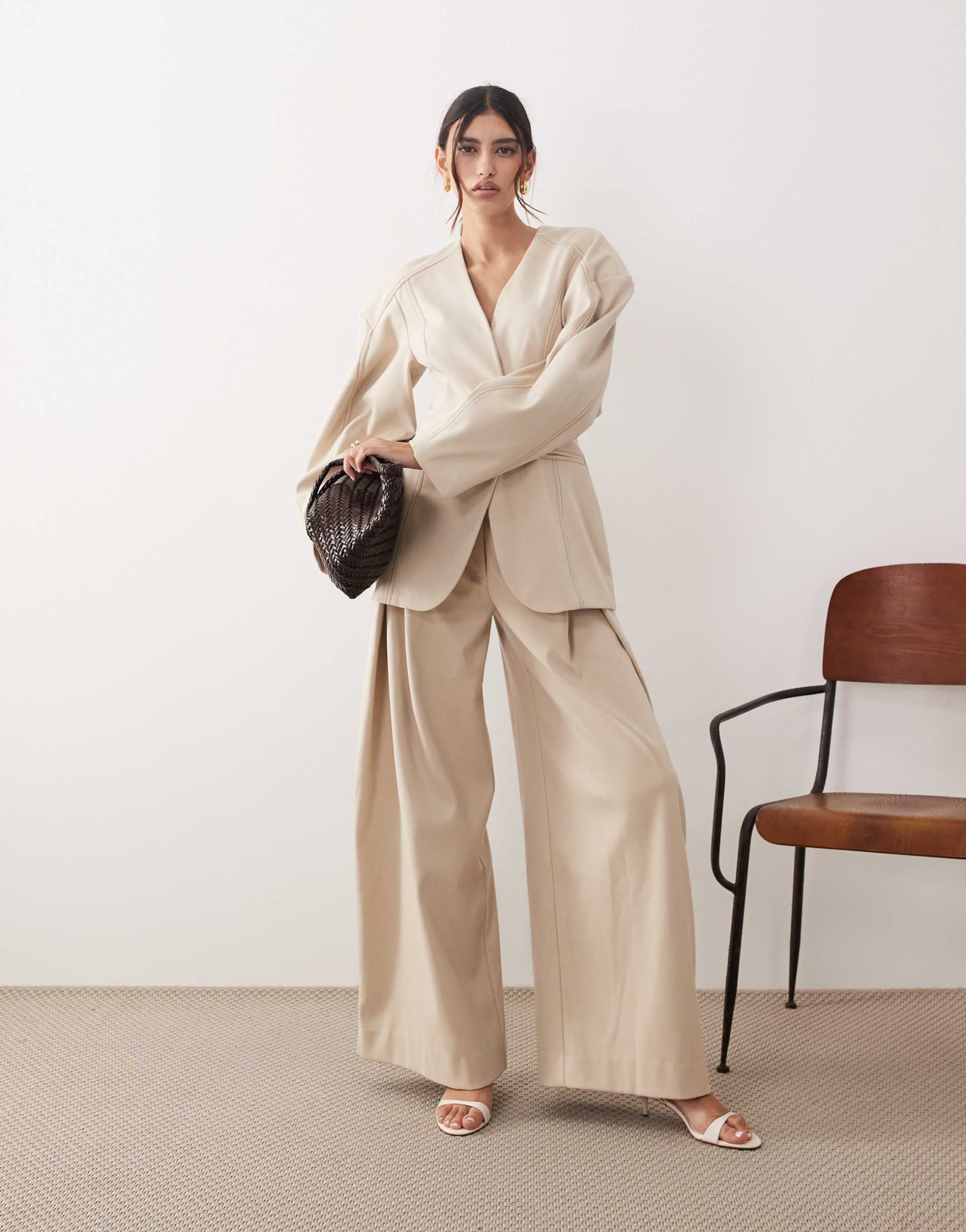 arrange twill wide leg pants in stone - part of a set
