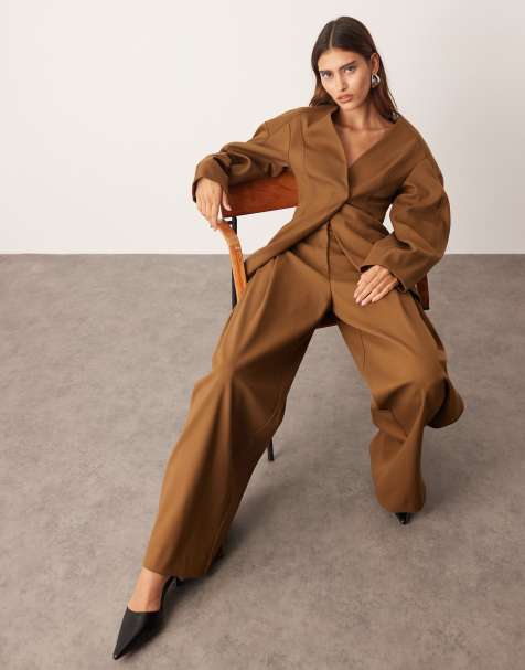 ARRANGE twill wide leg trouser co-ord in brown - view 1
