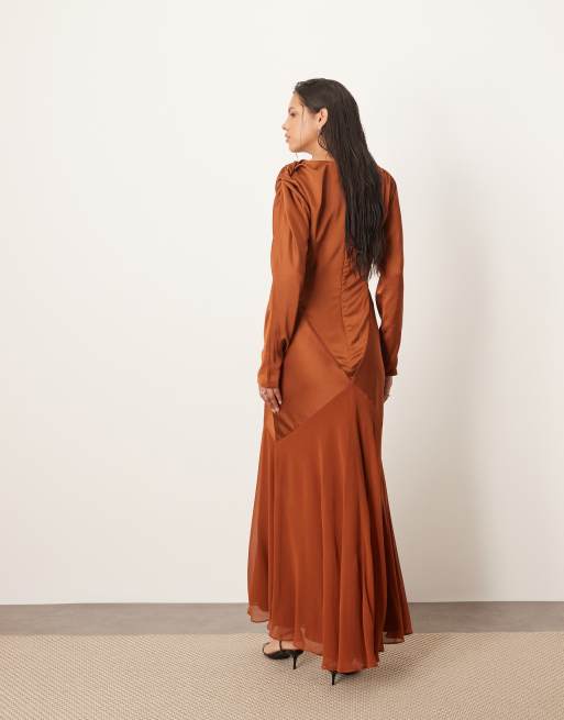 ARRANGE twist shoulder long sleeve hybrid maxi dress in caramel