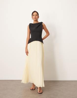 asos ARRANGE twist shoulder pleat skirt hybrid maxi dress in contrast black and buttermilk