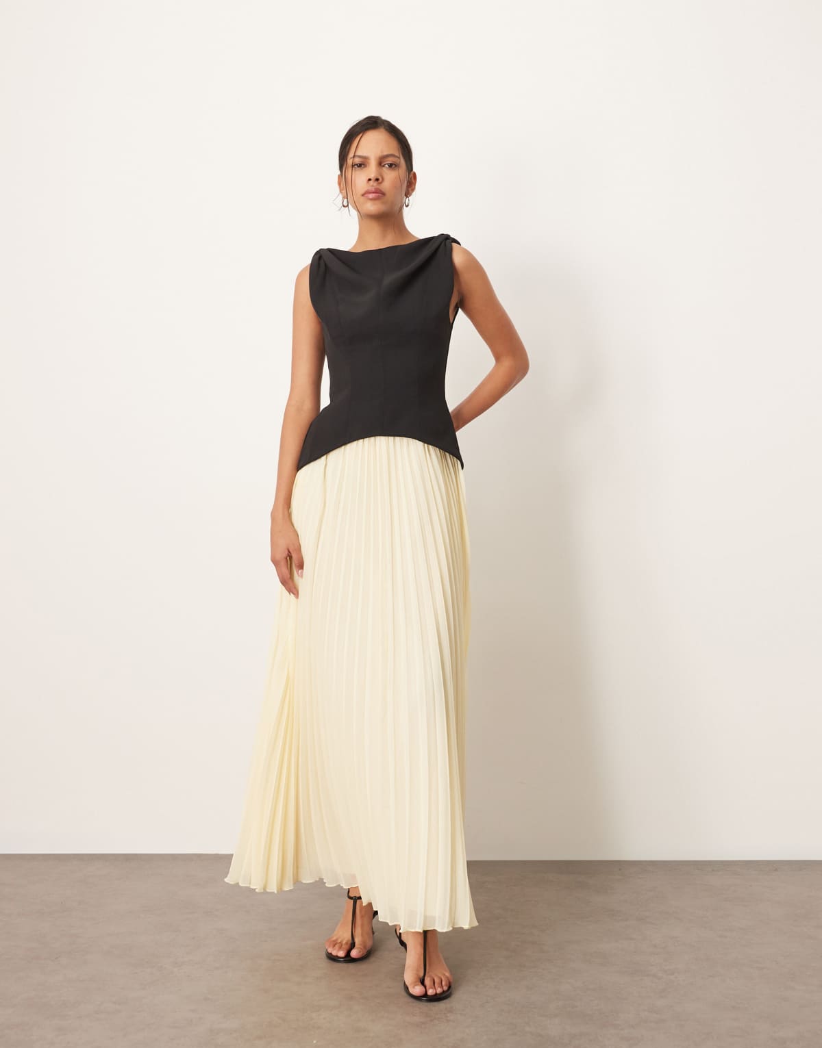 ARRANGE twist shoulder pleat skirt hybrid maxi dress in contrast black and buttermilk