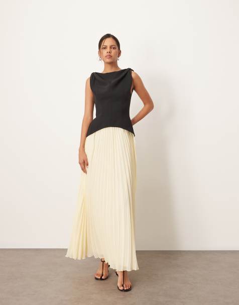 ARRANGE twist shoulder pleat skirt hybrid maxi dress in contrast black and buttermilk