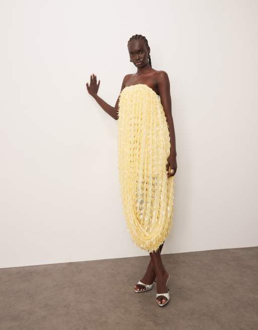ARRANGE twisted drape bandeau midi dress in sequin fringe in buttermilk