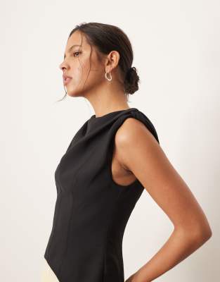 ARRANGE twist shoulder pleat skirt hybrid maxi dress in contrast black and buttermilk