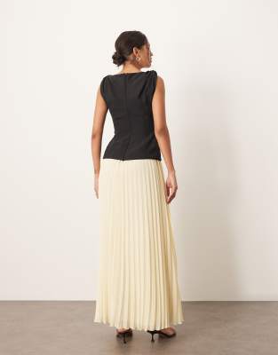 ARRANGE twist shoulder pleat skirt hybrid maxi dress in contrast black and buttermilk