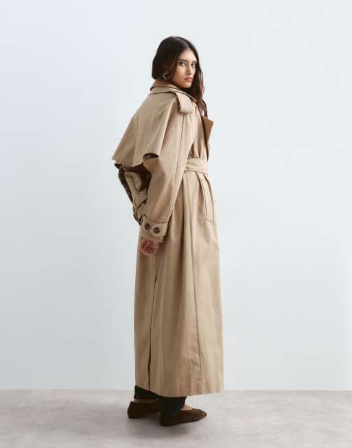 ARRANGE two tone lapel double breasted trench coat in tan, 3 of 4
