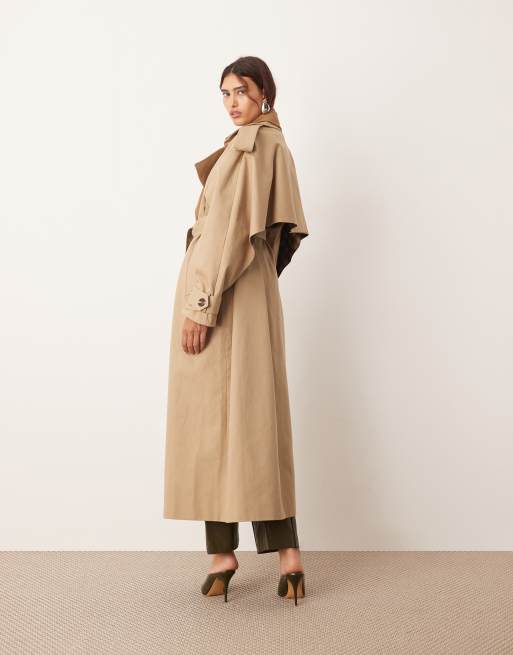 ARRANGE two tone lapel  double breasted trench coat in tan