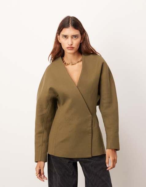 ARRANGE ultimate heavy twill cinched waist sculpted blazer in olive