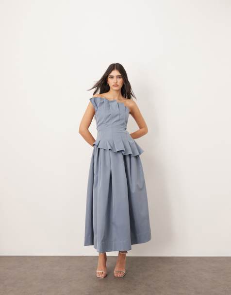 ARRANGE structured pleat corset midi dress in light blue
