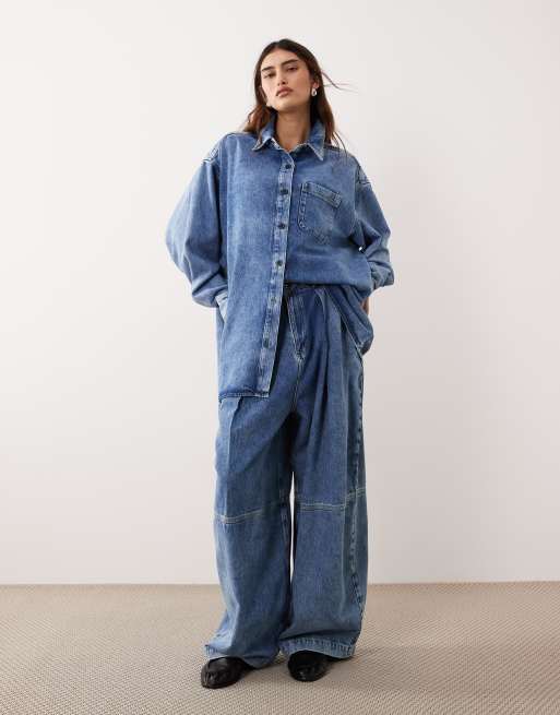 ARRANGE - Vasket blå denimskjorte med sømdetaljer - Del af sæt, 2 af 4