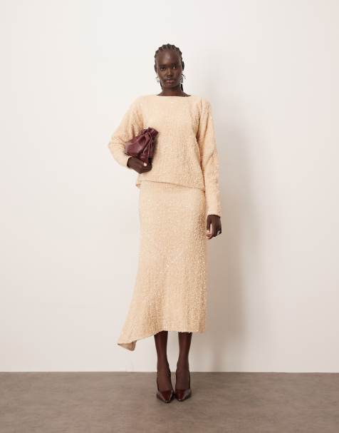 ARRANGE velvet allover sequin asymmetric hem skirt co-ord in cream