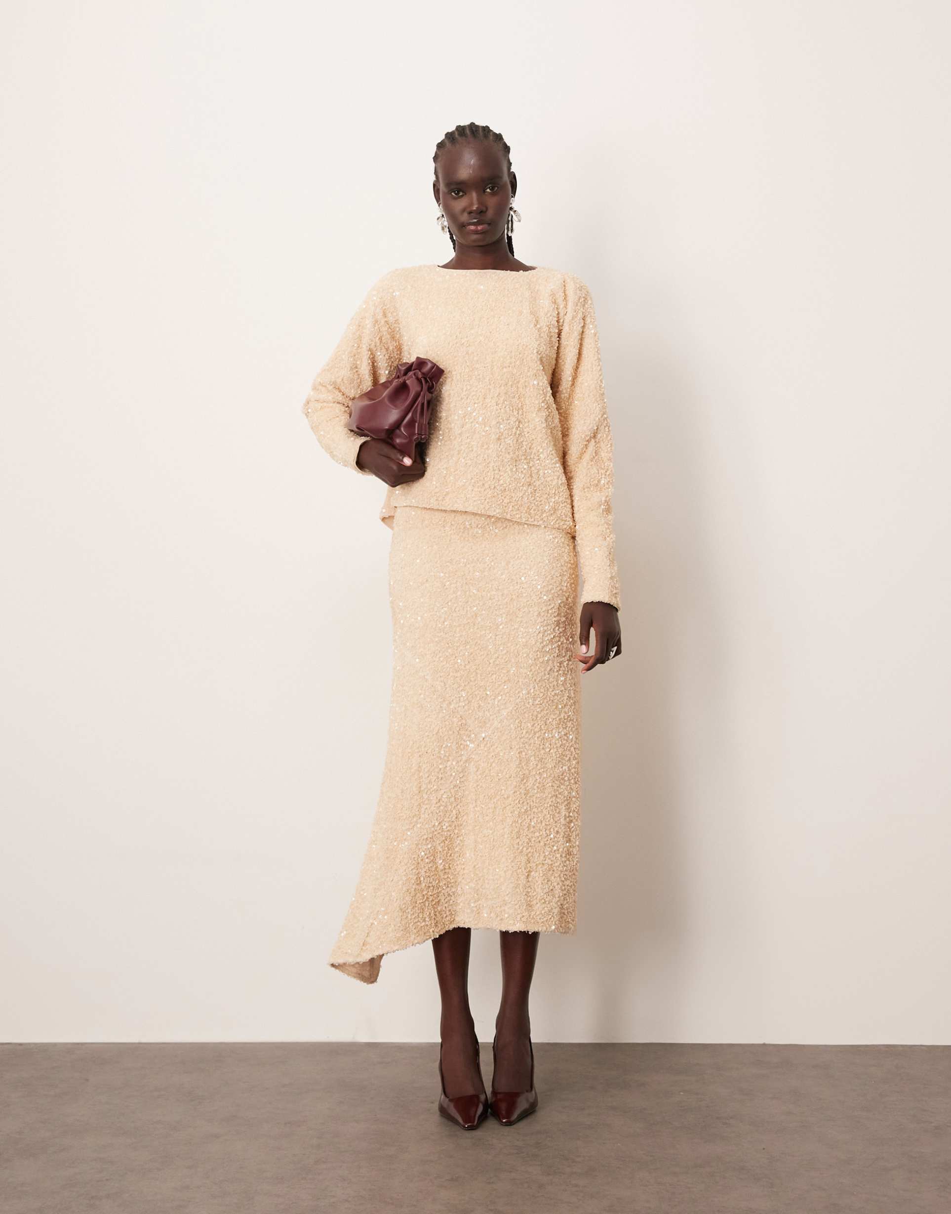 arrange velvet allover sequin asymmetric hem skirt in cream - part of a set
