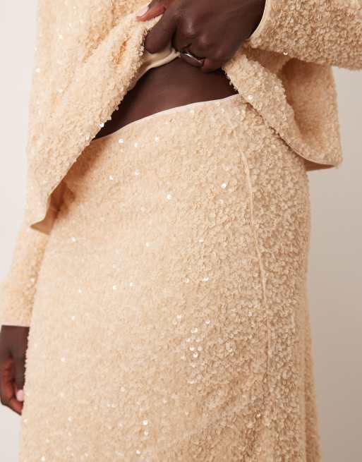 ARRANGE velvet allover sequin asymmetric hem skirt in cream - part of a set, 5 of 5