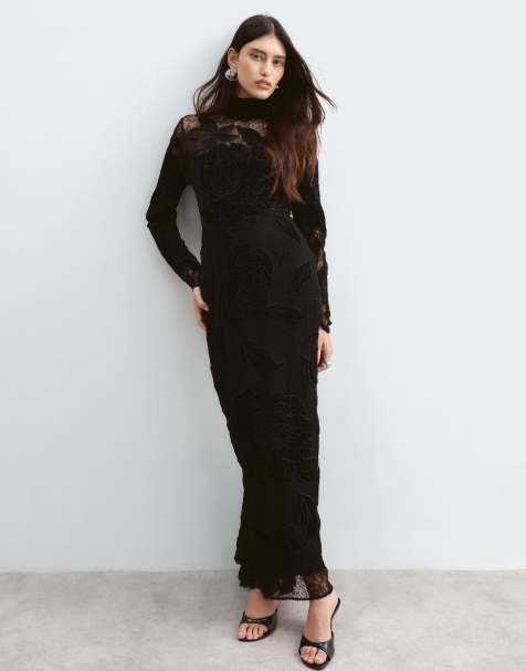 ARRANGE velvet applique floral high neck maxi dress in lace in black - view 1