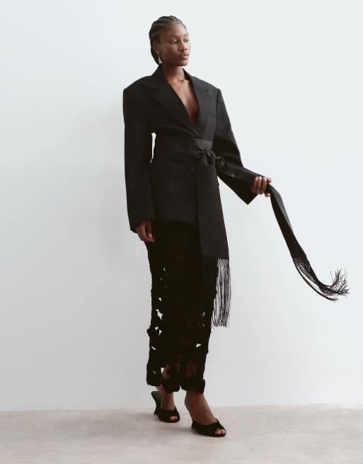 ARRANGE embroidered velvet quilted cut work halterneck top and midi skirt  in black, 3 of 3